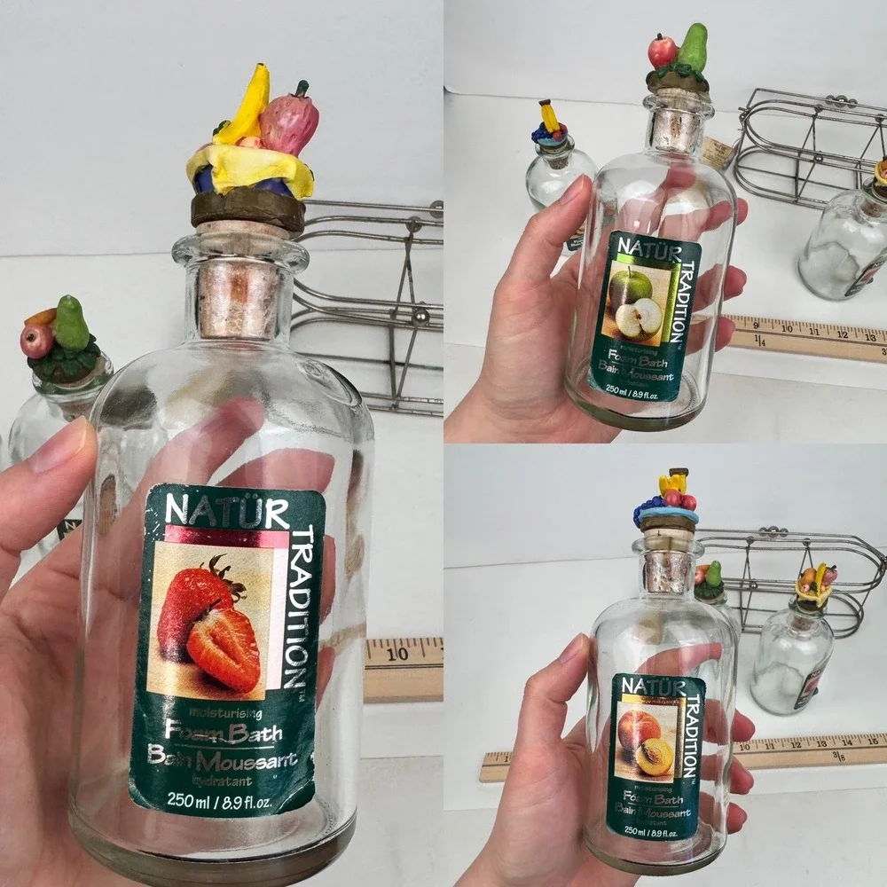 Vtg Natur 90s EMPTY Glass Bottles w Cork Fruit 3D Lid w Metal Carrier Foam Bath